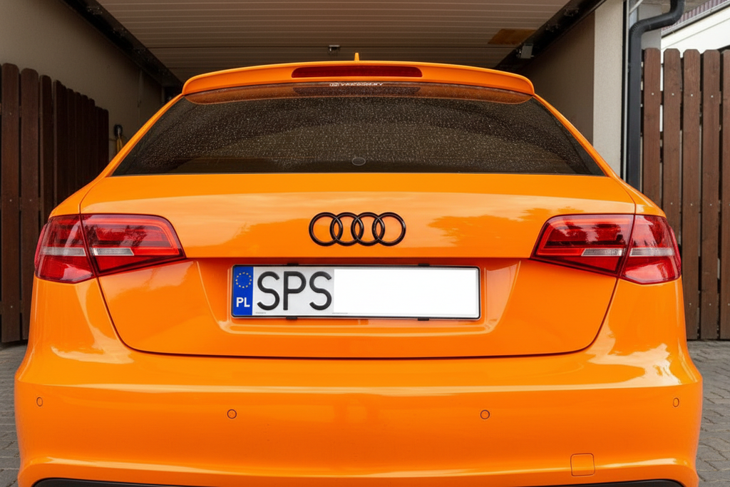Pomarańczowe Audi bez tablicy rejestracyjnej